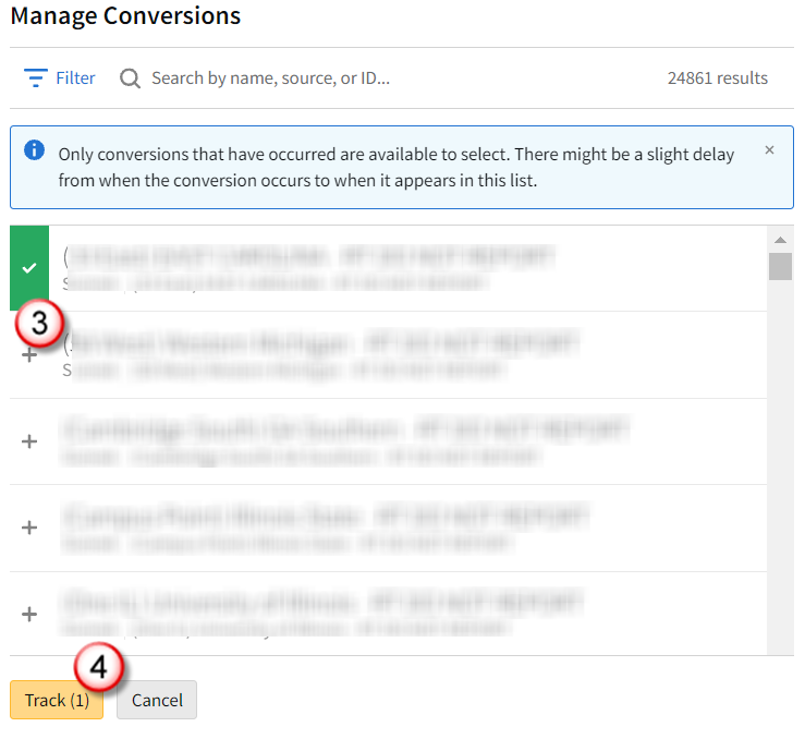 Manage Conversions list showing a list of example conversions with one selected and the Track button highlighted.